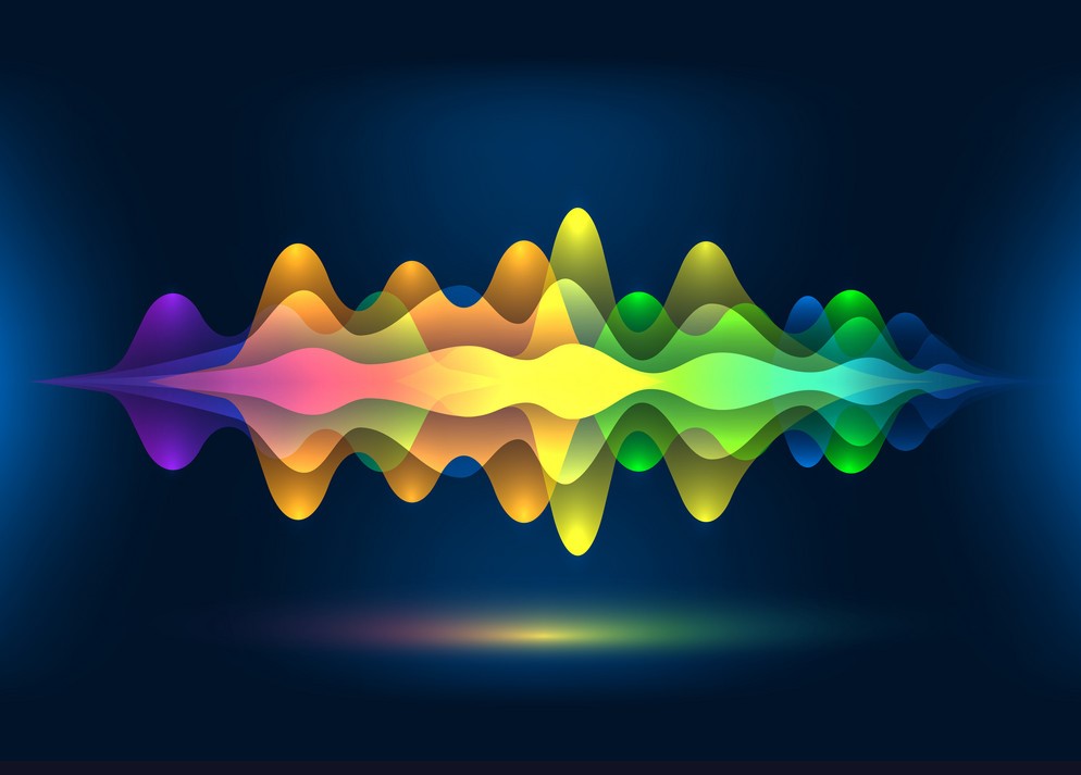 Colorful voice waves or motion sound frequency rhythm radio dj amplitude. Abstract soundtrack wave energy background or digital music beat tracking technology color visualization vector illustration